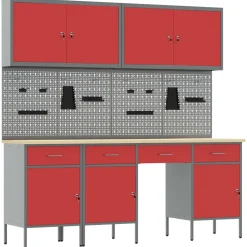 vidaXL Werk kast met lade met slot 10 st Rood Engineered hout en staal