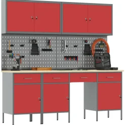 vidaXL Werk kast met lade met slot 10 st Rood Engineered hout en staal