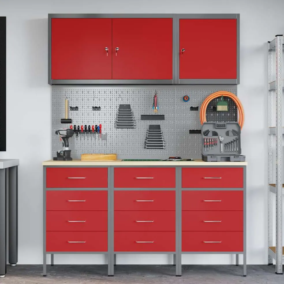 vidaXL Werk kast met lade 8 st Rood en Grijs Engineered hout en staal