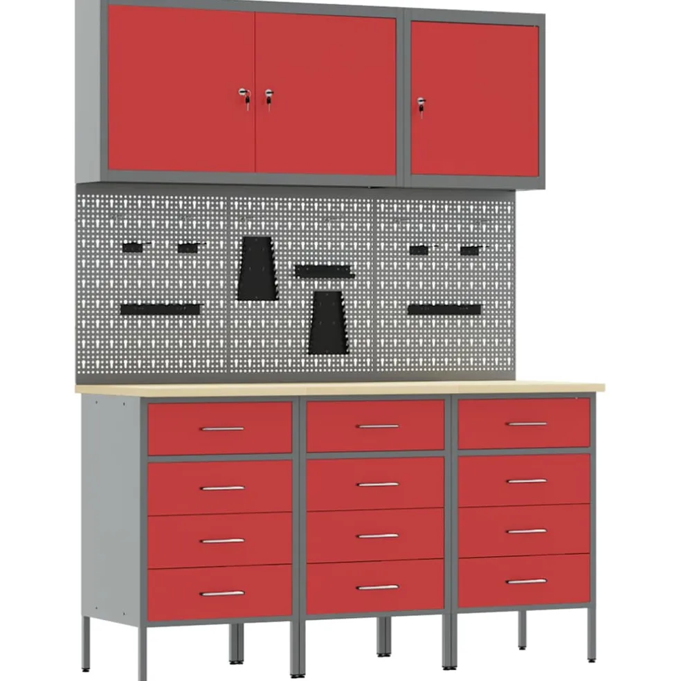 vidaXL Werk kast met lade 8 st Rood en Grijs Engineered hout en staal