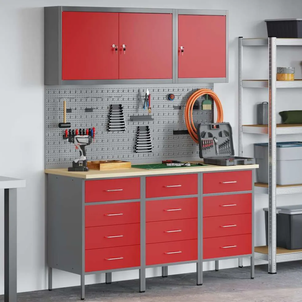 vidaXL Werk kast met lade 8 st Rood en Grijs Engineered hout en staal