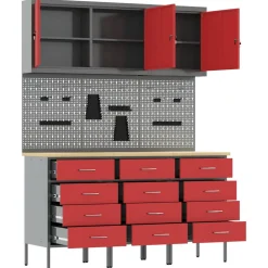 vidaXL Werk kast met lade 8 st Rood en Grijs Engineered hout en staal