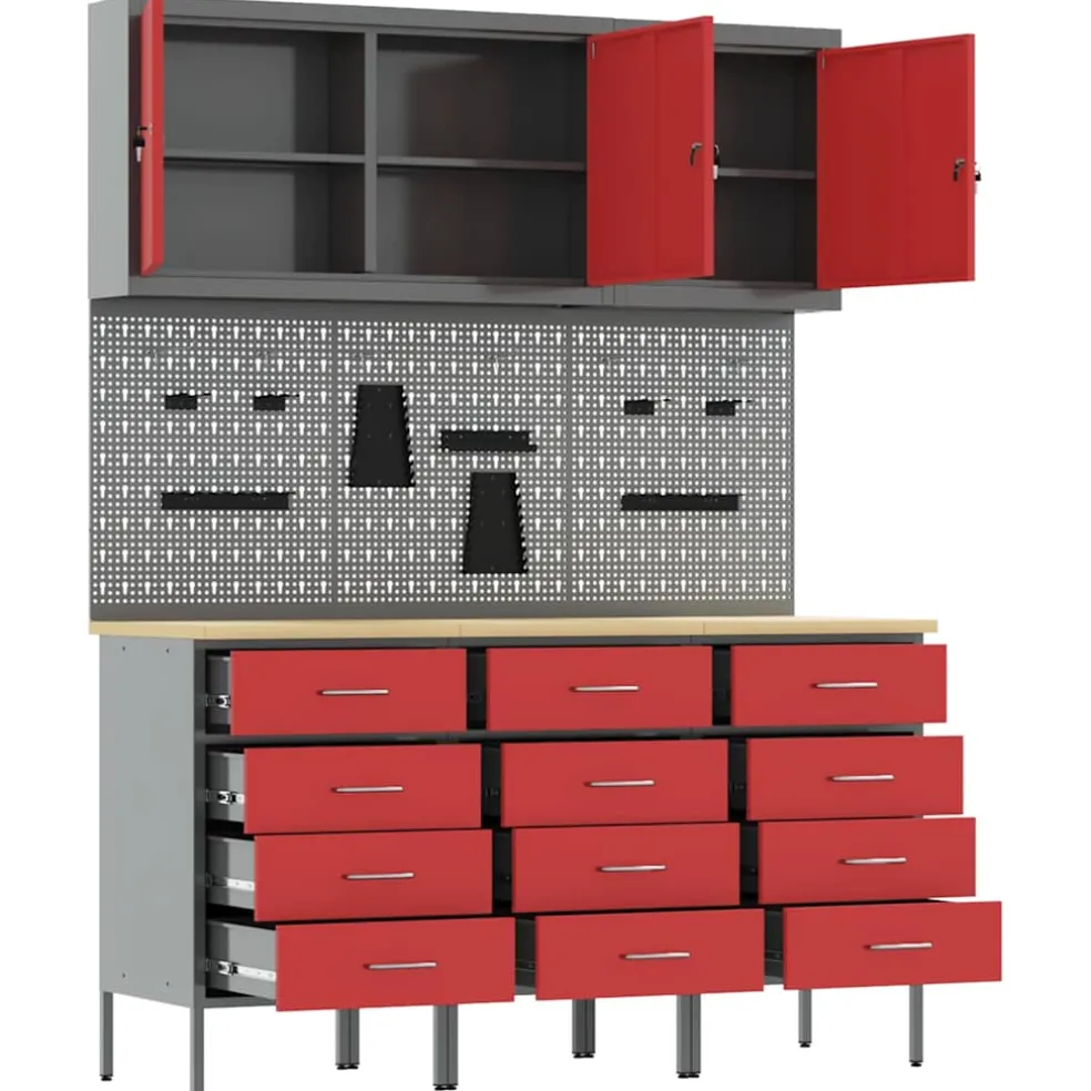 vidaXL Werk kast met lade 8 st Rood en Grijs Engineered hout en staal
