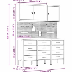 vidaXL Werk kast met lade 8 st Rood en Grijs Engineered hout en staal