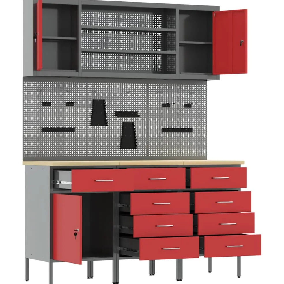 vidaXL Werk kast met lade 7 st Rood en Grijs Engineered hout en staal
