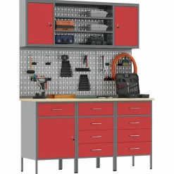 vidaXL Werk kast met lade 7 st Rood en Grijs Engineered hout en staal