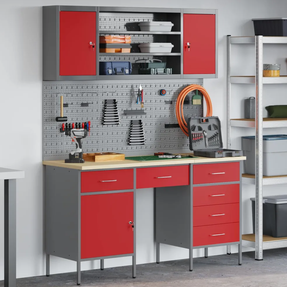 vidaXL Werk kast met lade 7 st Rood Engineered hout en staal