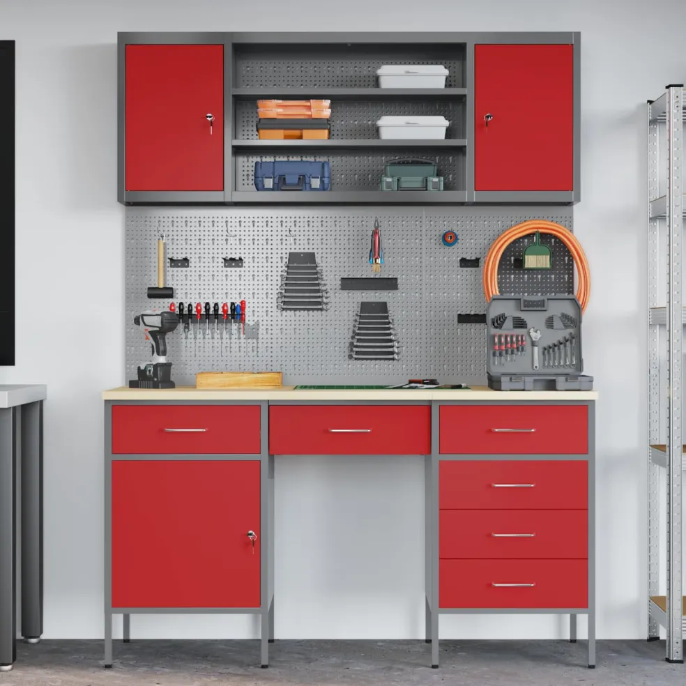 vidaXL Werk kast met lade 7 st Rood Engineered hout en staal