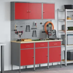 vidaXL Werk kast met lade 8 st Rood en Grijs Engineered hout en staal
