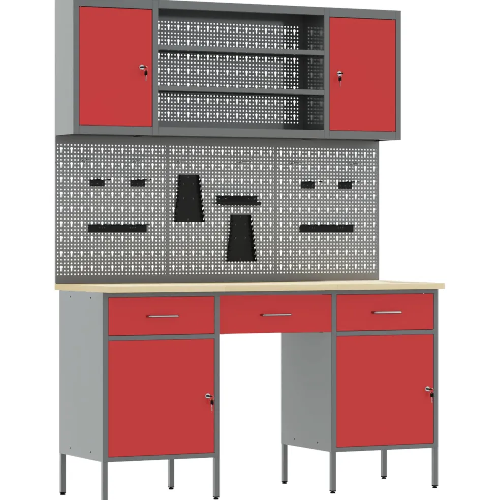 vidaXL Werk kast met lade 7 st Rood en Grijs Engineered hout en staal