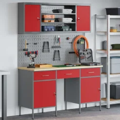 vidaXL Werk kast met lade 7 st Rood en Grijs Engineered hout en staal