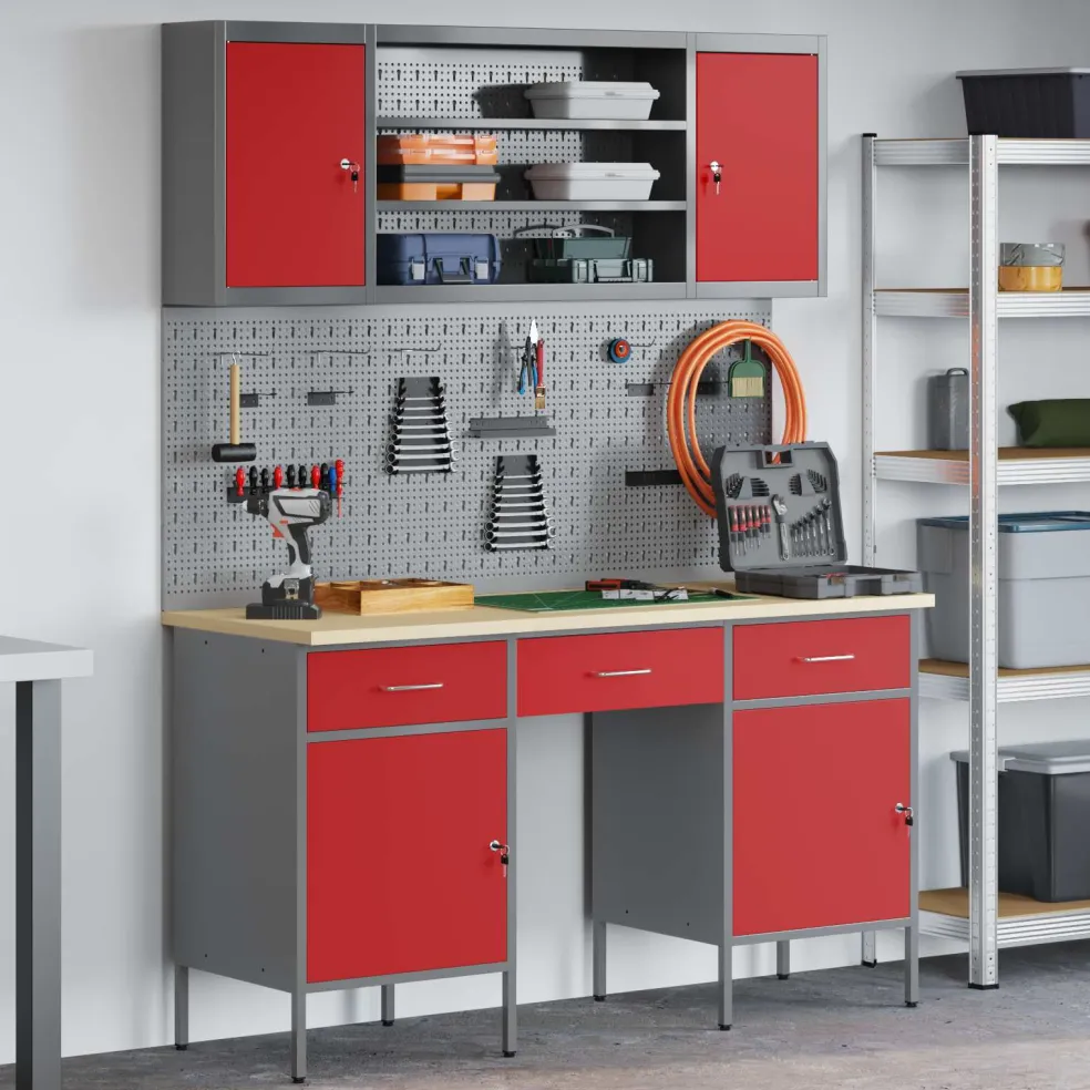 vidaXL Werk kast met lade 7 st Rood en Grijs Engineered hout en staal