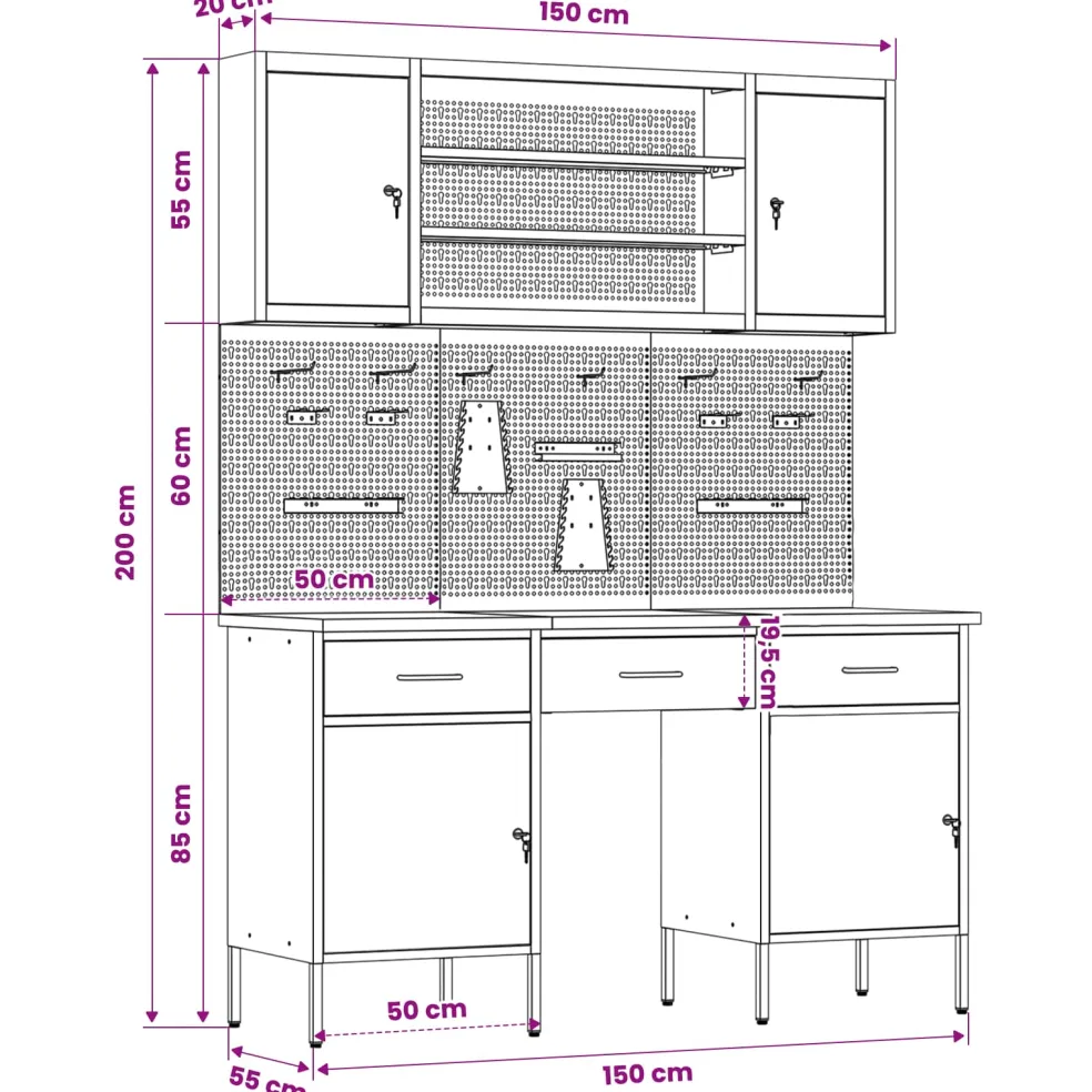 vidaXL Werk kast met lade 7 st Rood en Grijs Engineered hout en staal