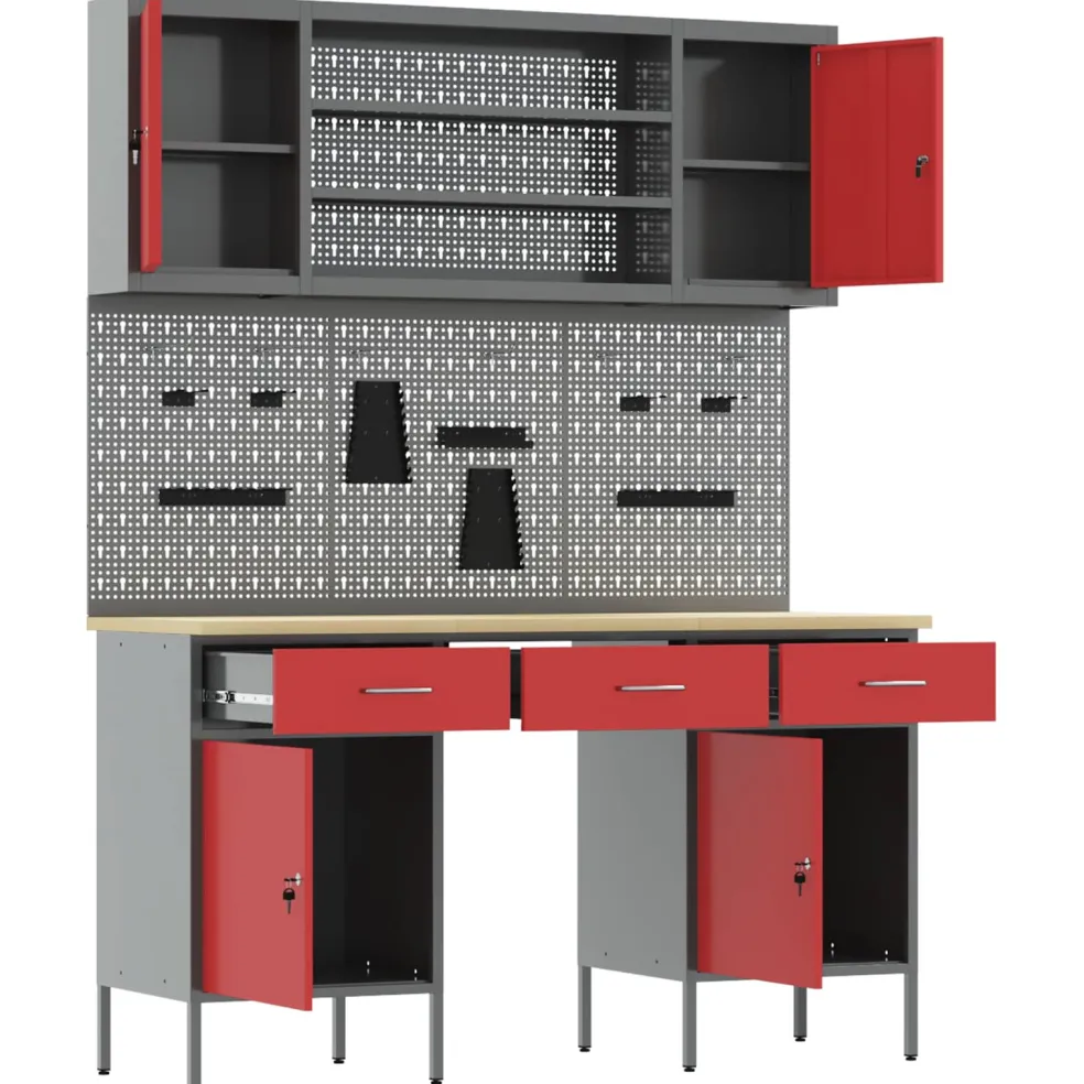 vidaXL Werk kast met lade 7 st Rood en Grijs Engineered hout en staal