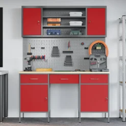 vidaXL Werk kast met lade 7 st Rood en Grijs Engineered hout en staal
