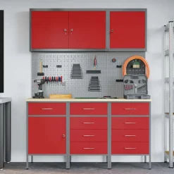 vidaXL Werk kast met lade 8 st Rood en Grijs Engineered hout en staal