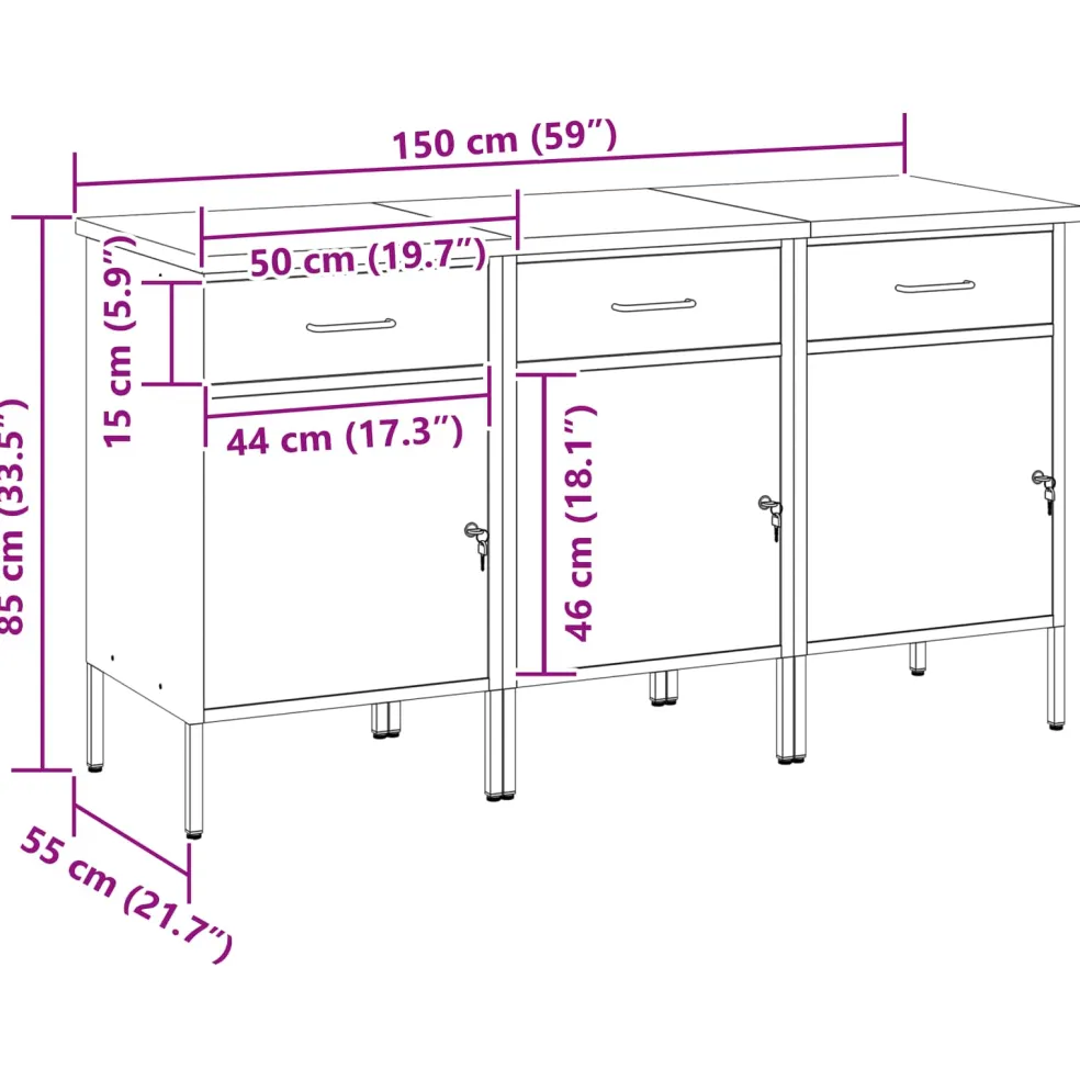 vidaXL Werk kast met lade 3 st Zwart en Grijs 150 x 55 x 85 cm