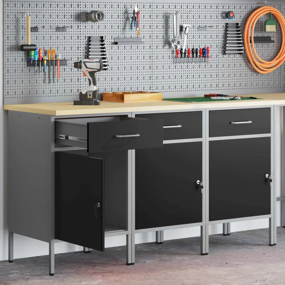 vidaXL Werk kast met lade 3 st Zwart en Grijs 150 x 55 x 85 cm