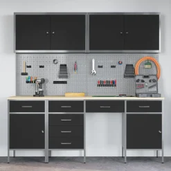 vidaXL Werk kast met lade 10 st Zwart Engineered hout en staal