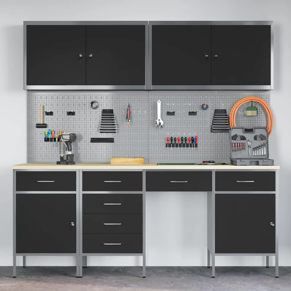 vidaXL Werk kast met lade 10 st Zwart Engineered hout en staal