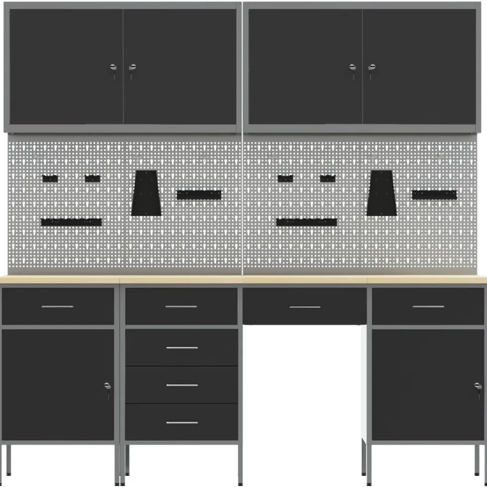 vidaXL Werk kast met lade 10 st Zwart Engineered hout en staal
