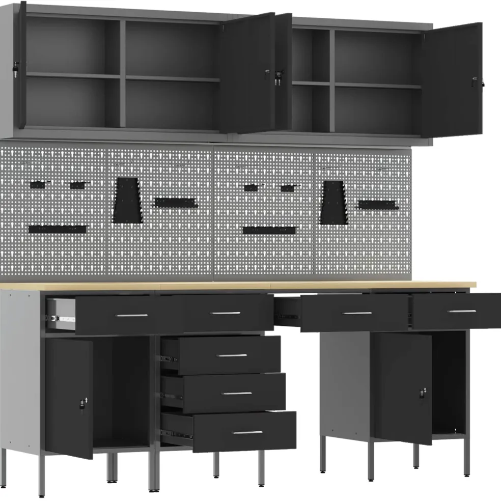 vidaXL Werk kast met lade 10 st Zwart Engineered hout en staal