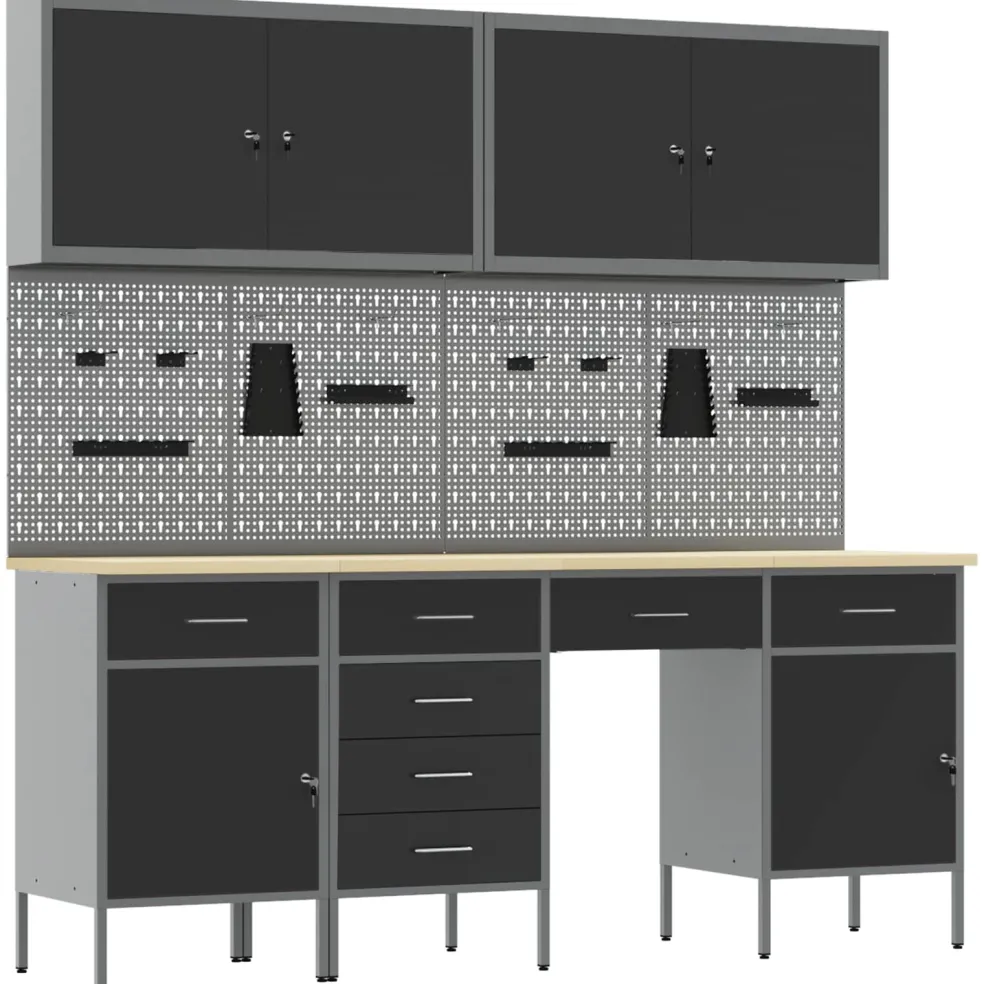 vidaXL Werk kast met lade 10 st Zwart Engineered hout en staal