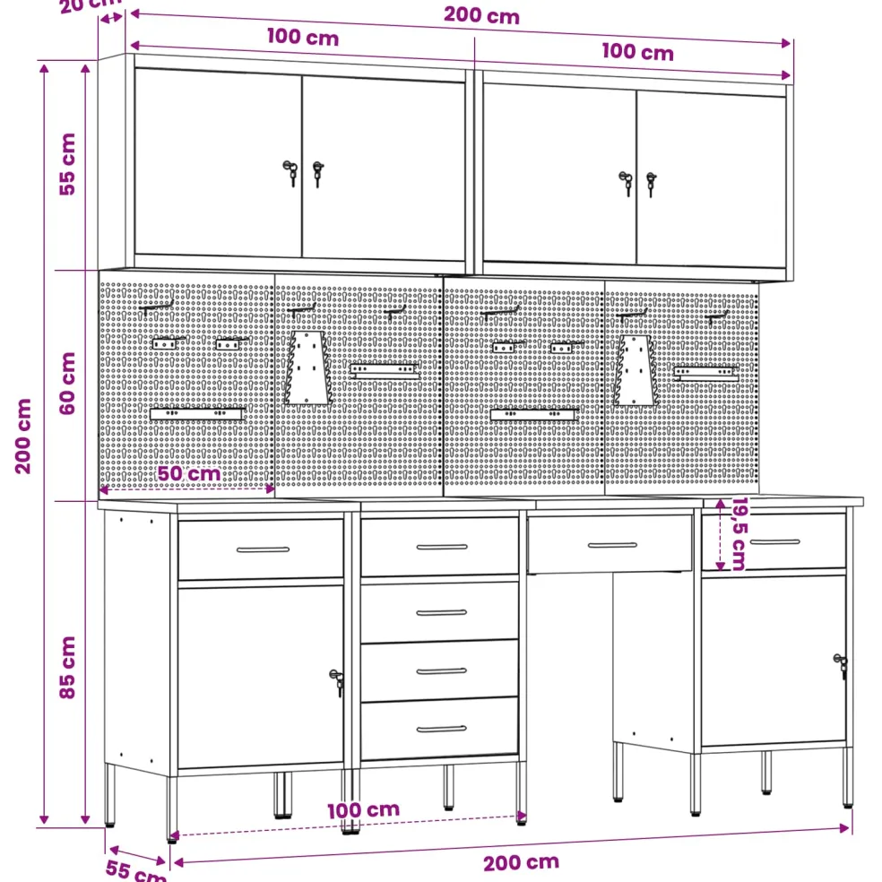 vidaXL Werk kast met lade 10 st Zwart Engineered hout en staal