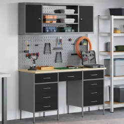 vidaXL Werk kast met lade 7 st Zwart Engineered hout en staal