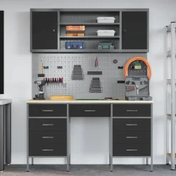 vidaXL Werk kast met lade 7 st Zwart Engineered hout en staal