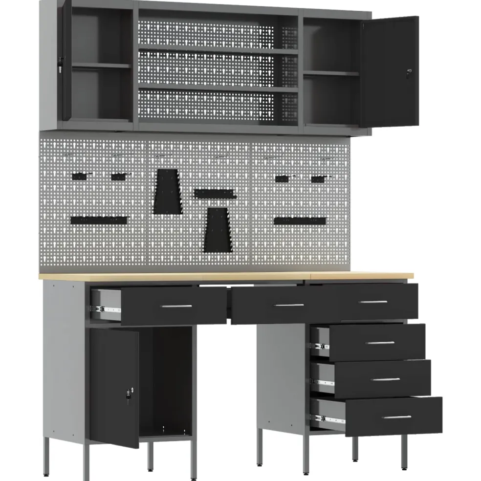 vidaXL Werk kast met lade 7 st Zwart Engineered hout en staal