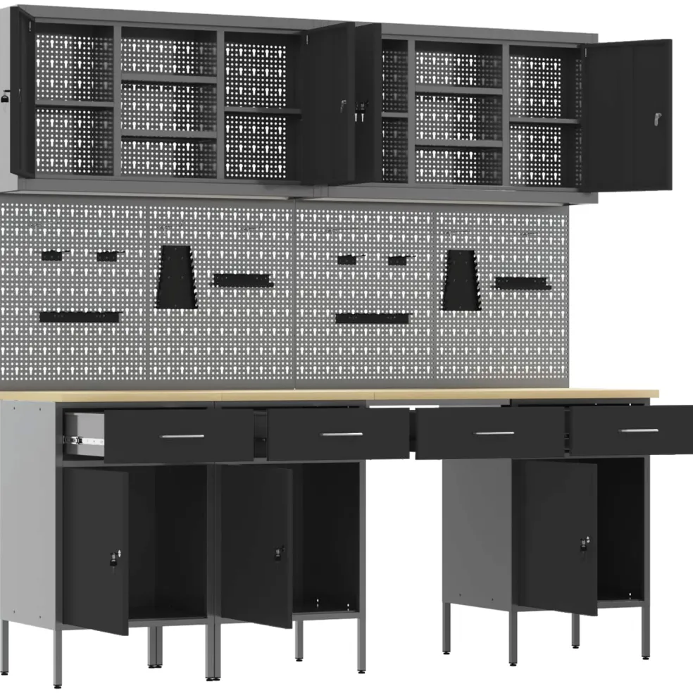 vidaXL Werk kast met lade 10 st Zwart Engineered hout en staal