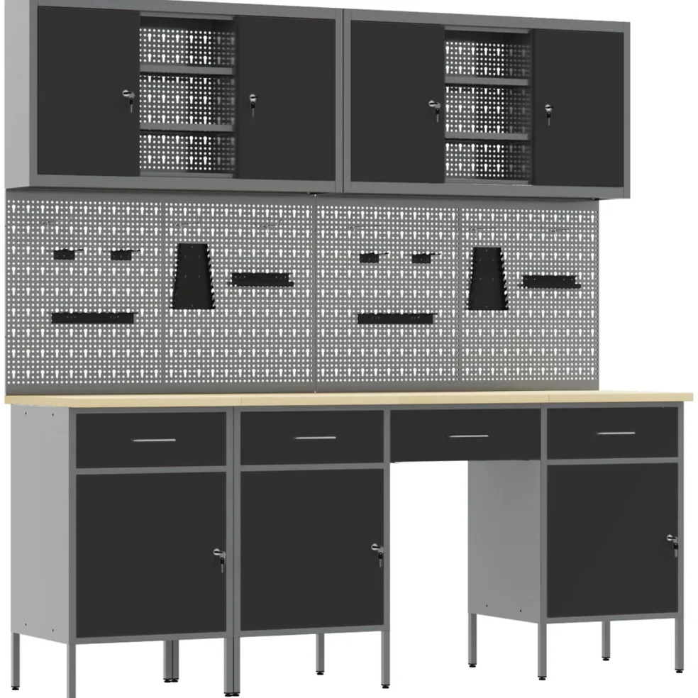 vidaXL Werk kast met lade 10 st Zwart Engineered hout en staal