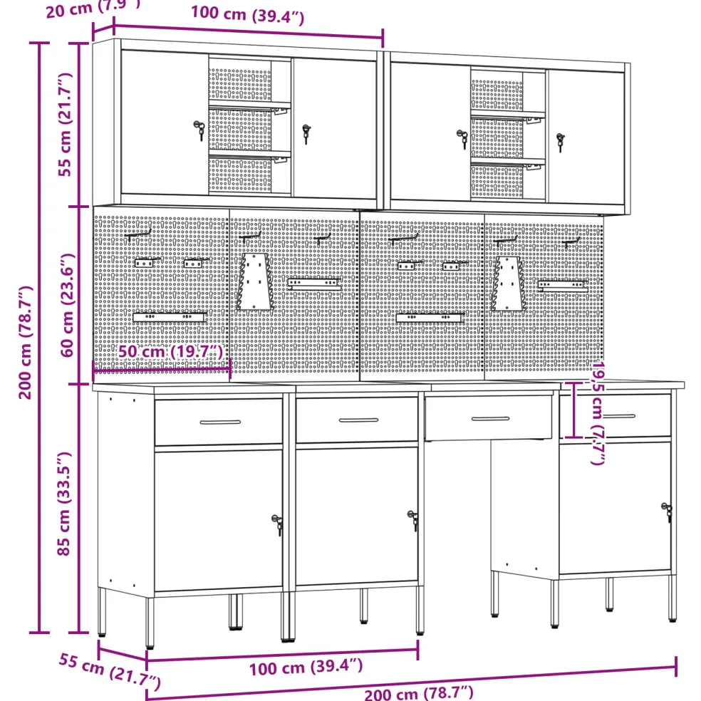 vidaXL Werk kast met lade 10 st Zwart Engineered hout en staal