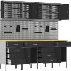 vidaXL Werk kast met lade 10 st Zwart Engineered hout en staal