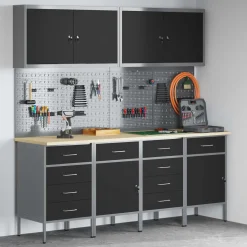 vidaXL Werk kast met lade 10 st Zwart Engineered hout en staal