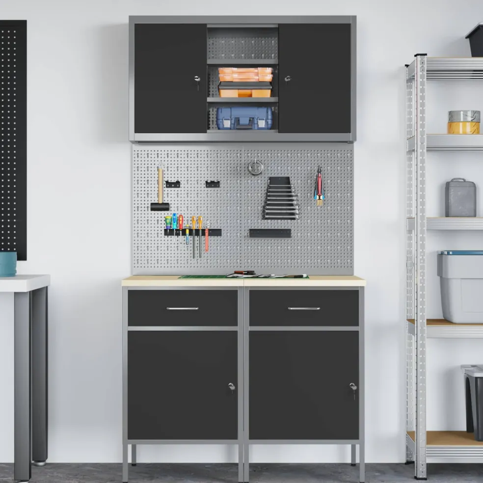vidaXL Werkkast set met lade met plank met opslag met slot 6 st Zwart