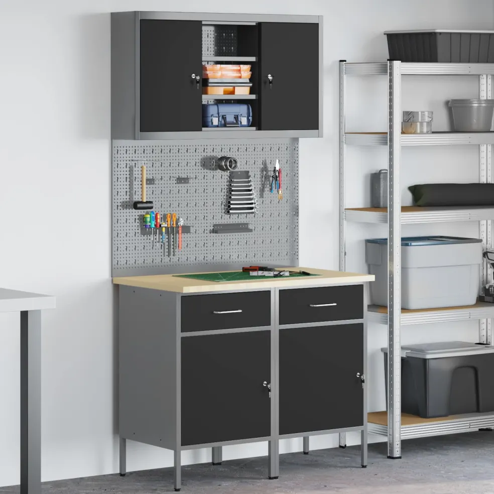 vidaXL Werkkast set met lade met plank met opslag met slot 6 st Zwart