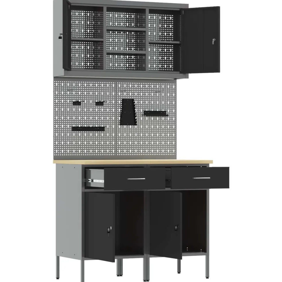 vidaXL Werkkast set met lade met plank met opslag met slot 6 st Zwart