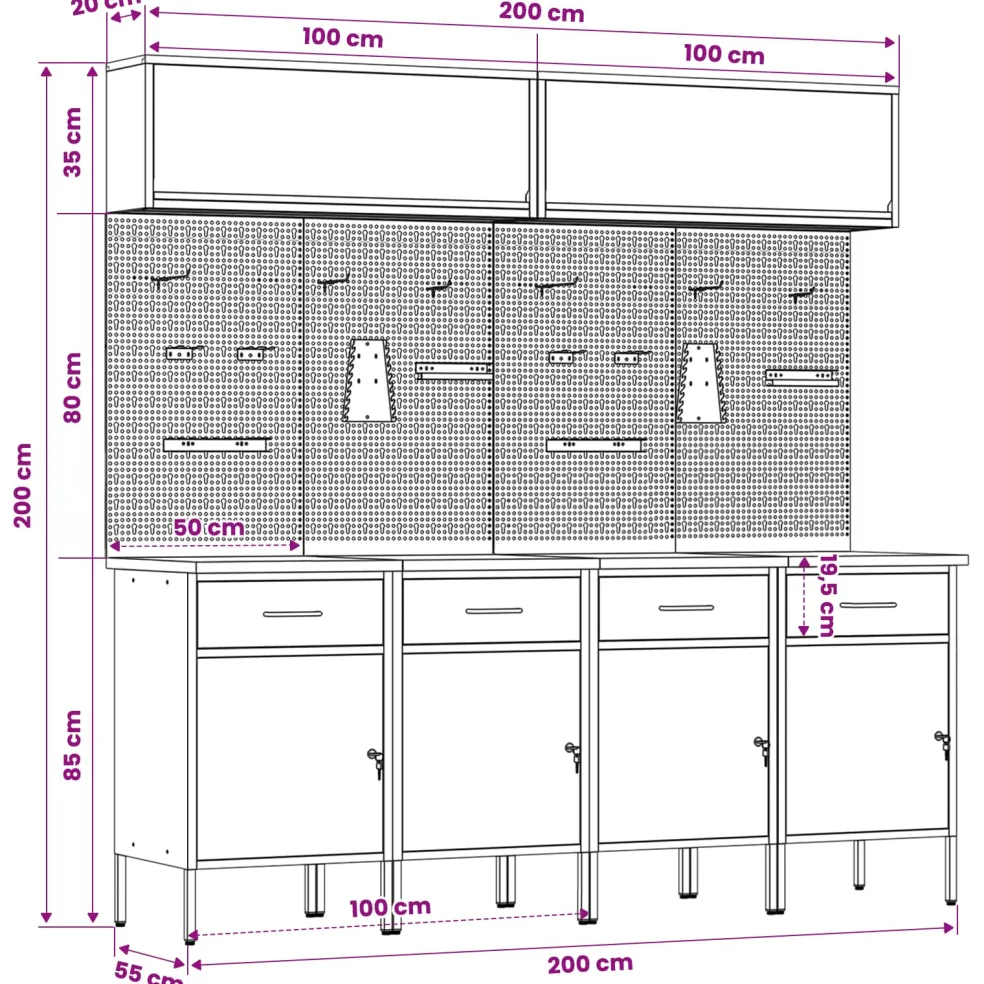 vidaXL Werkkast set met lade met opslag met slot 10 st Zwart