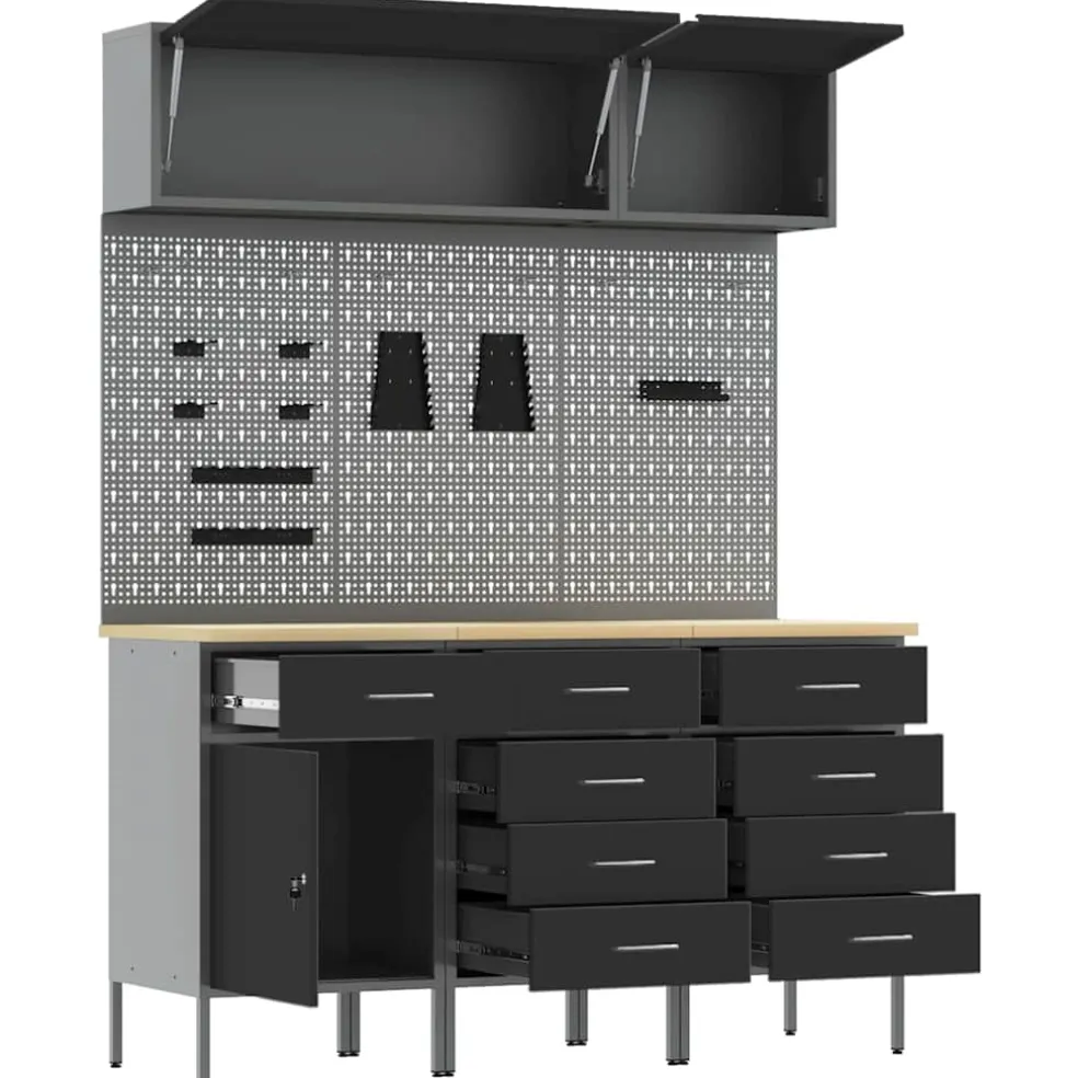 vidaXL Werkkast set met lade met opslag met slot 8 st Zwart
