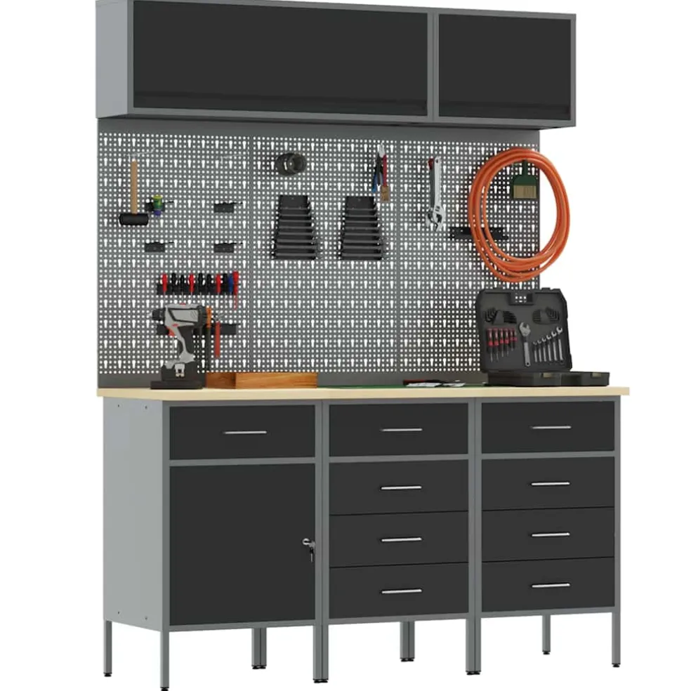 vidaXL Werkkast set met lade met opslag met slot 8 st Zwart