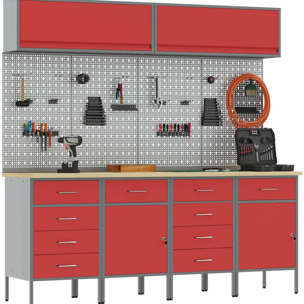 vidaXL Werkkast set 10 st Rood Poedergecoat staal en gefabriceerd hout