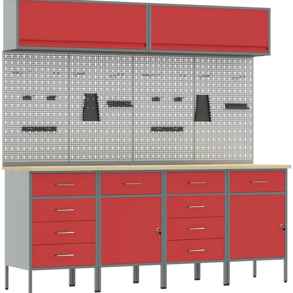 vidaXL Werkkast set 10 st Rood Poedergecoat staal en gefabriceerd hout