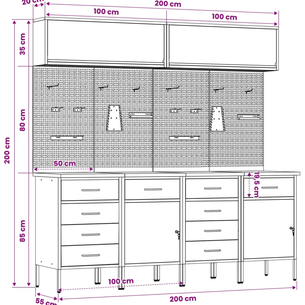 vidaXL Werkkast set 10 st Rood Poedergecoat staal en gefabriceerd hout