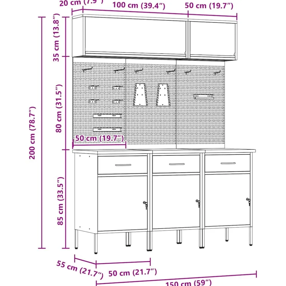 vidaXL Werkkast set 8 st Rood Poedergecoat staal en gefabriceerd hout