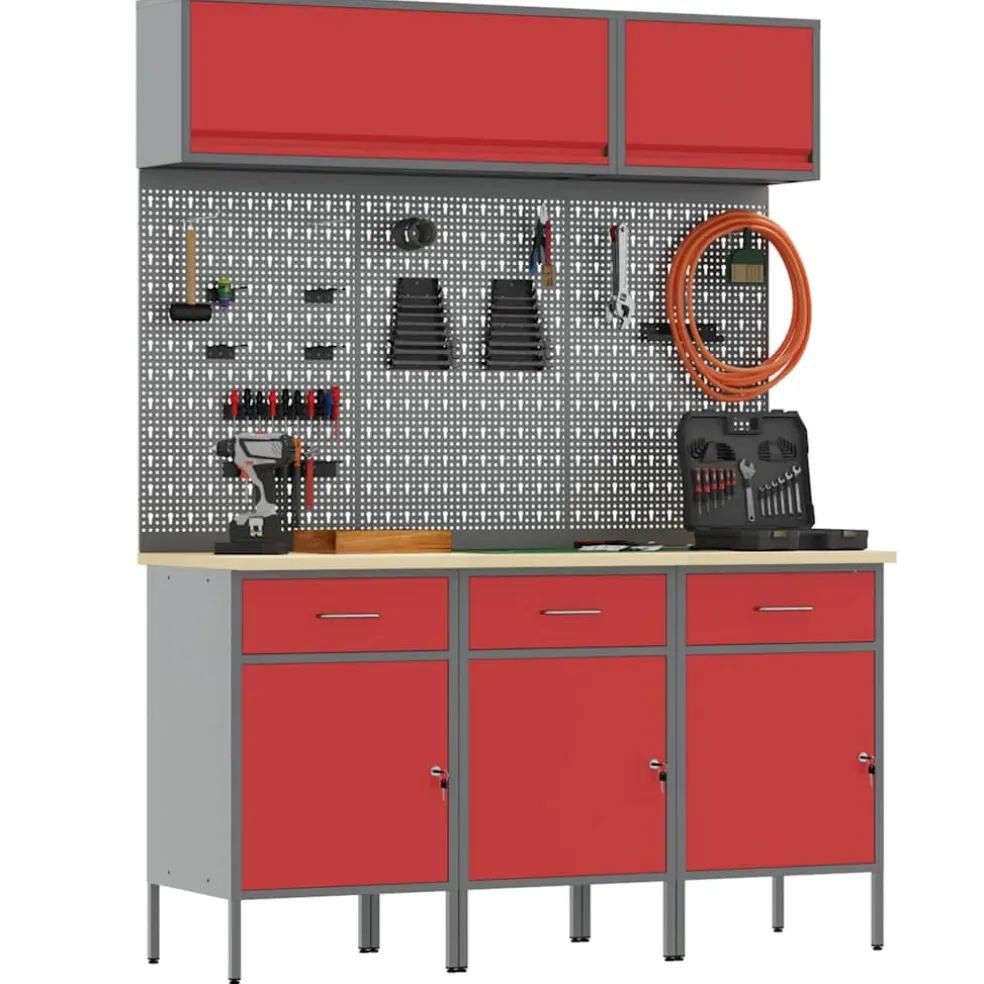 vidaXL Werkkast set 8 st Rood Poedergecoat staal en gefabriceerd hout
