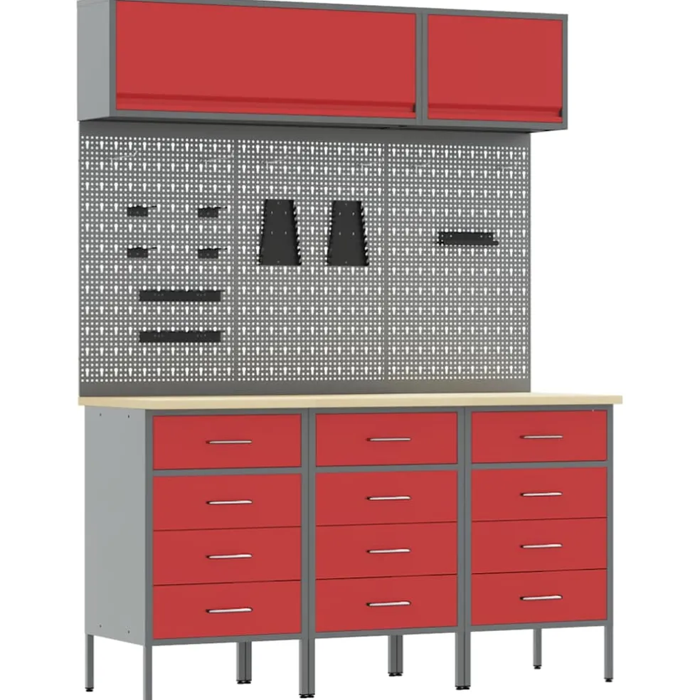 vidaXL Werkkast set 8 st Rood Poedergecoat staal en gefabriceerd hout