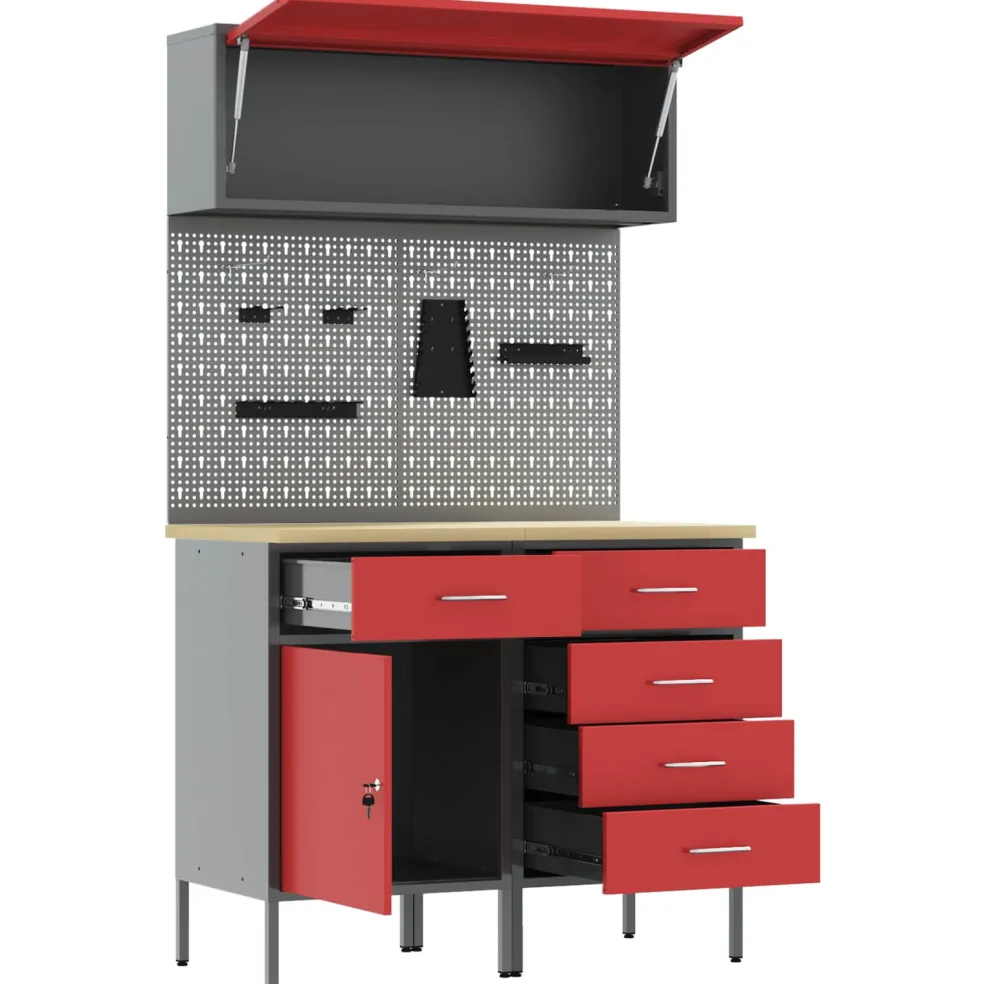 vidaXL Werkkast set 5 st Rood Poedergecoat staal en gefabriceerd hout
