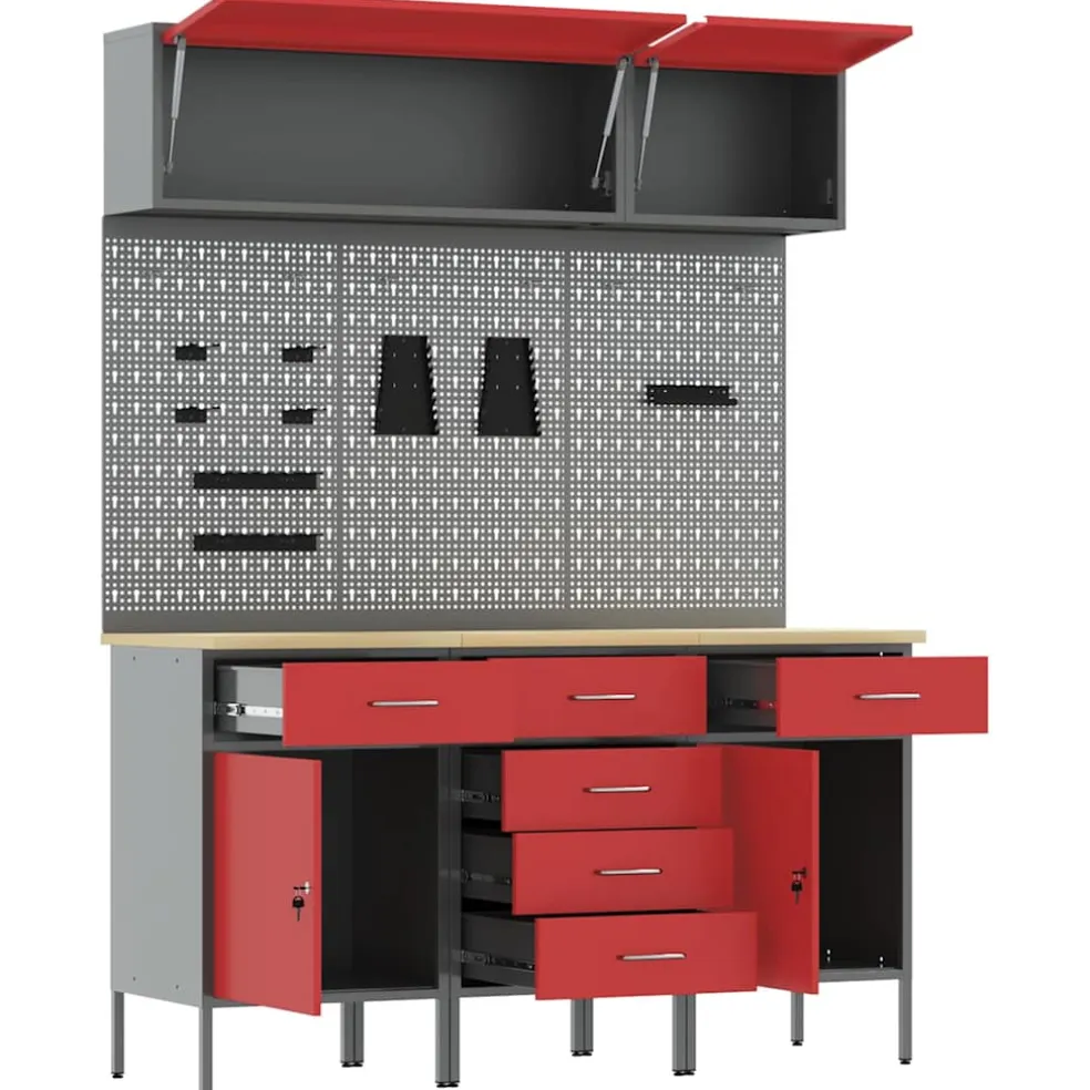vidaXL Werkkast set 8 st Rood Poedergecoat staal en gefabriceerd hout